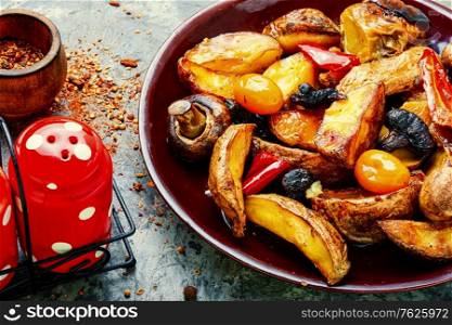 Plate with delicious fried homemade potatoes with mushrooms. Roasted potatoes with mushrooms