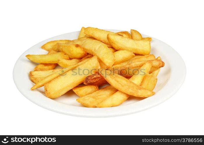 Plate with french fries on a white background.
