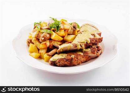 Plate with fried pork fillet, potato wedges, mushrooms
