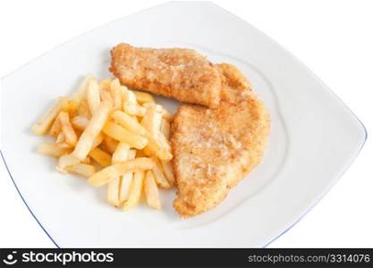 plate with fried potatoes and chicken isolated on white background