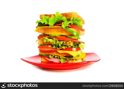 Plate with giant sandwich isolated on the white