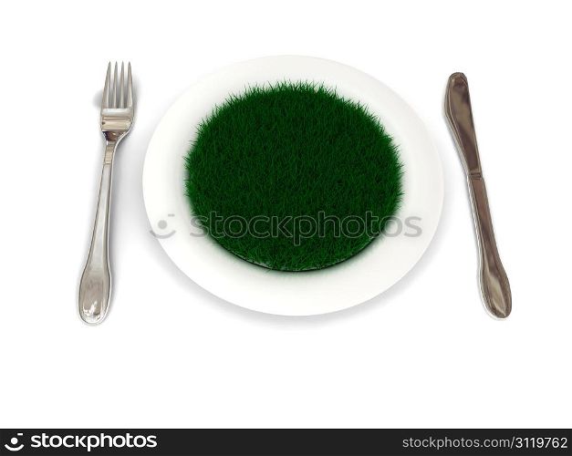 Plate with grass over white. 3d render
