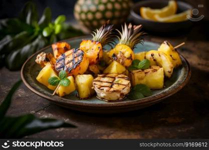 plate with grilled pineapple, fruit dessert Generative AI.