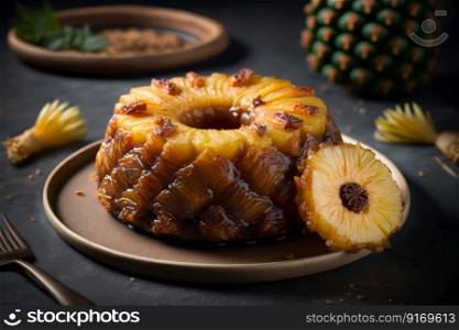 plate with grilled pineapple, fruit dessert Generative AI.