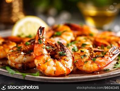 Plate with grilled seafood prawn shrimps with lemon and herbs on table..AI Generative