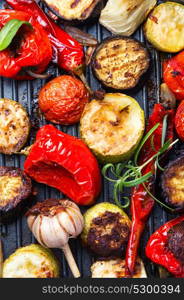 plate with grilled vegetables. grilled vegetables on a fashionable metal plate