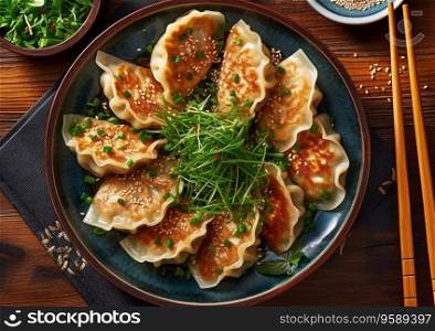 Plate with gyoza fried dumplings on plate with sauce and chopasticks.AI generative
