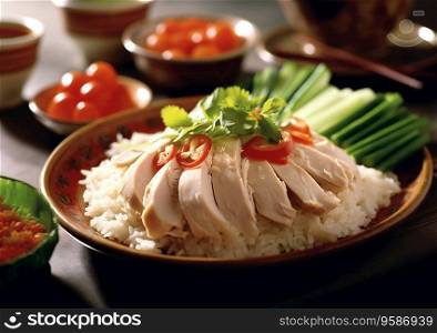 Plate with hainanese popular asian food with chicken and rice on table.AI Generative