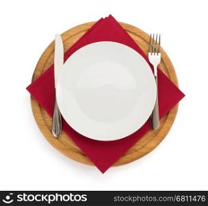 plate with napkin at cutting board on white background