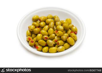Plate with olives isolated on the white background