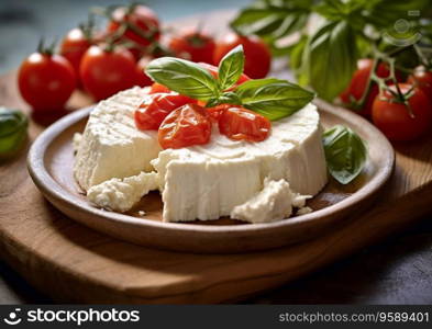 Plate with ricotta cheese with tomatoes and basil on table.AI generative