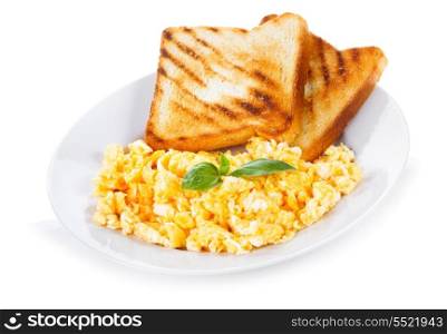 plate with scrambled eggs and toasts on white background