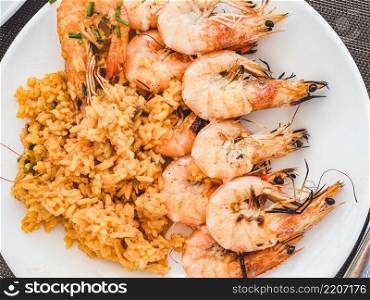 Plate with seafood. Top view, close-up. Tasty and healthy food concept. Plate with seafood. Top view, close-up. Tasty and healthy food