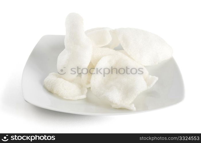 plate with shrimp chips isolated with clipping path