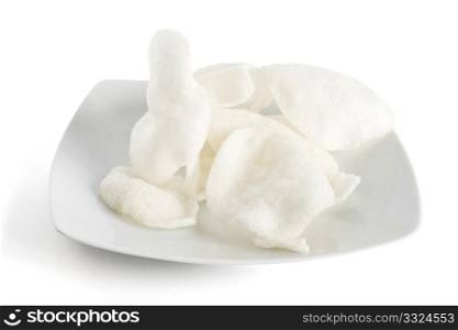 plate with shrimp chips isolated with clipping path