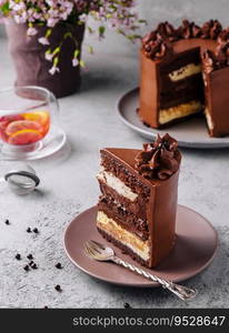 Plate with slice of tasty homemade chocolate cake