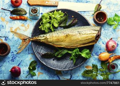 Plate with smoked mackerel fish. Delicious seafood.. Palatable atlantic mackerel.