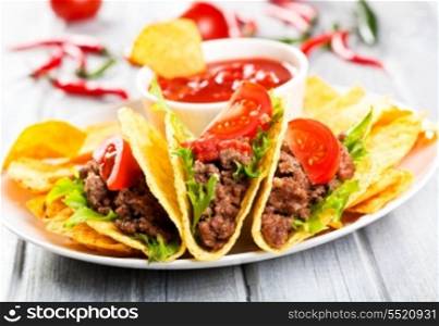 plate with taco, nachos chips and tomato dip