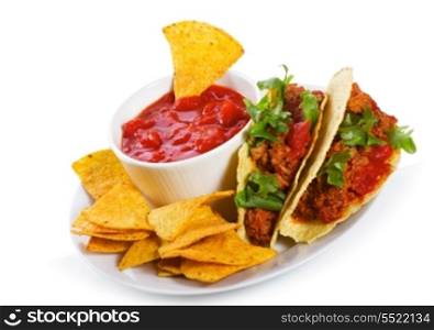 plate with taco, tortilla chips and tomato dip on white background