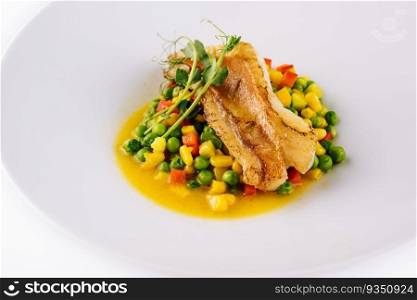 Plate with tasty baked cod fillet with vegetables
