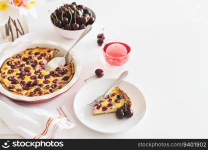 Plate with tasty cherry cheesecake pie on white background. Copy space