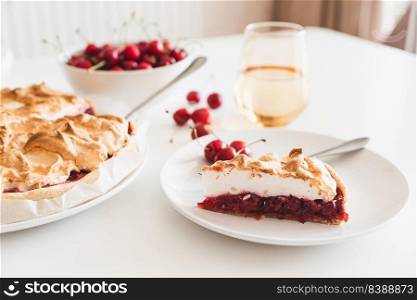 Plate with tasty cherry pie on white background. Front view