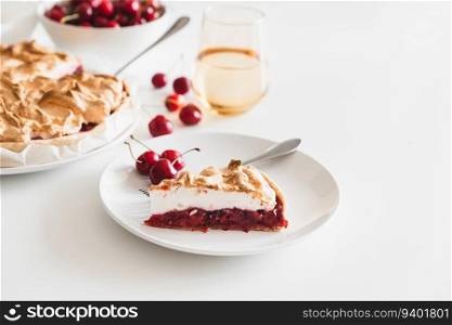 Plate with tasty cherry pie on white background. Front view. Copy space