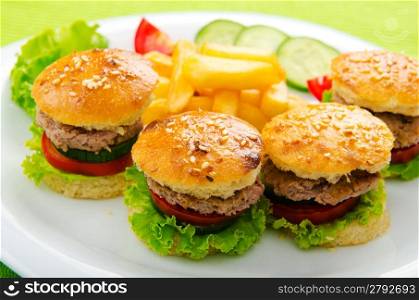 Plate with tasty mini burgers