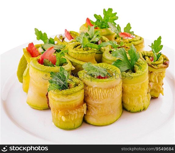 Plate with tasty zucchini rolls and tomatoes on plate