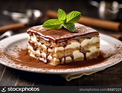 Plate with tiramisu dessert with cocoa and mint on cafe table.AI Generative