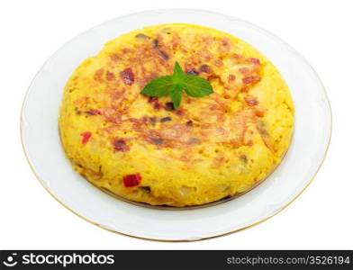 plate with traditional spanish omelet made at home with potatoes eggs peppers and onion isolated and clipped with path