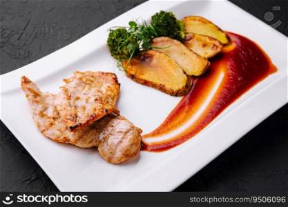 Plate with two chicken fillet steaks, with fried potatoes