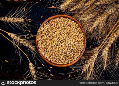 Plate with wheat grains and spikelets. Top view. On a dark background. . Plate with wheat grains and spikelets. Top view.
