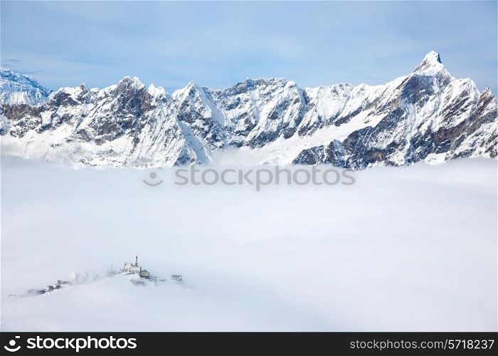 Plateau Rosa in Cervinia ski resort: the highest skiable slope in Italy (3480 mt). In background the snowy peak next Matterhorn. Valle d&rsquo;Aosta, Italian Alps, Europe.