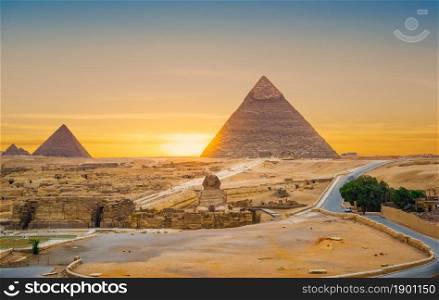 Plateau with pyramids and sphinx in Giza, Cairo. Plateau with pyramids
