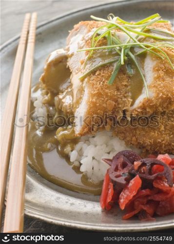 Plated Tonkatsu with Vinegar RiceCurry Sauce and Pickled red Radish