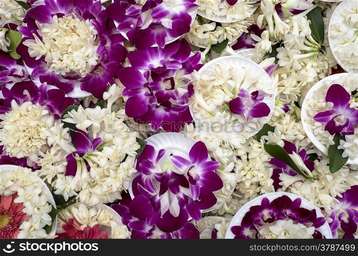 Plates of lotus and orchid flowers create a colorful background pattern while waiting to be distributed as offerings at the Mengjia Longshan Buddhist Temple in Taipei, Taiwan.