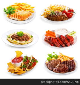 plates of various meat and chicken on white background