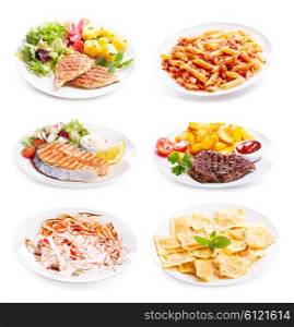 plates of various meat, fish and chicken isolated on white background
