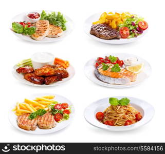 plates of various meat, fish and chicken on white background