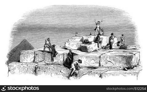 Platform of the Great Pyramid, the Cheops, vintage engraved illustration. Magasin Pittoresque 1843.