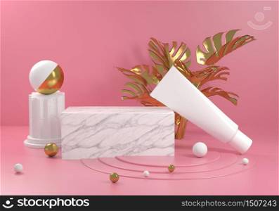 Platform White Marble With Gold Monstera Plant and Pink Background 3D Render