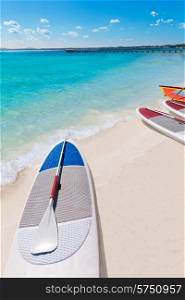 Platja de Alcudia beach Paddle surf board in Mallorca Majorca at Balearic islands