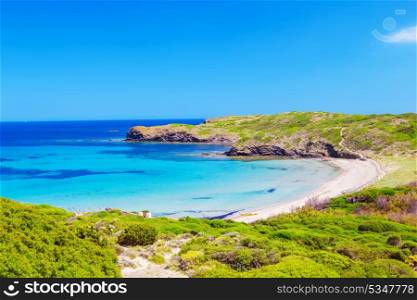Platja del Tortuga beach in sunny day at Menorca island, Spain.