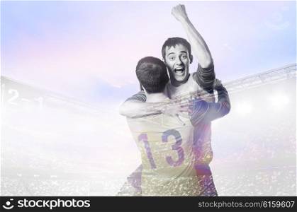 players celebrating goal. double exposure photo of stadium and soccer or football players celebrating goal