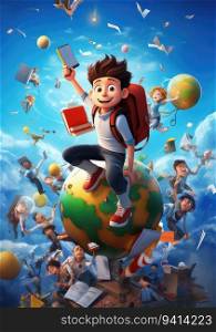 Playful and Energetic 3D Character Poster Celebrating the Excitement of Returning to Class with Friends. for print, website, poster, banner, logo, celebration.