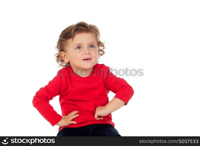 Playful baby red jersey isolated on a white background