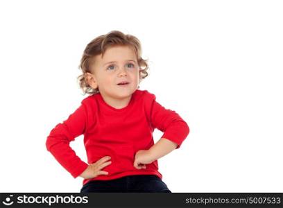 Playful baby red jersey isolated on a white background