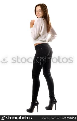 Playful beautiful girl in black tight jeans