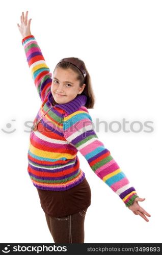 Playful girl outstretched on a over white background